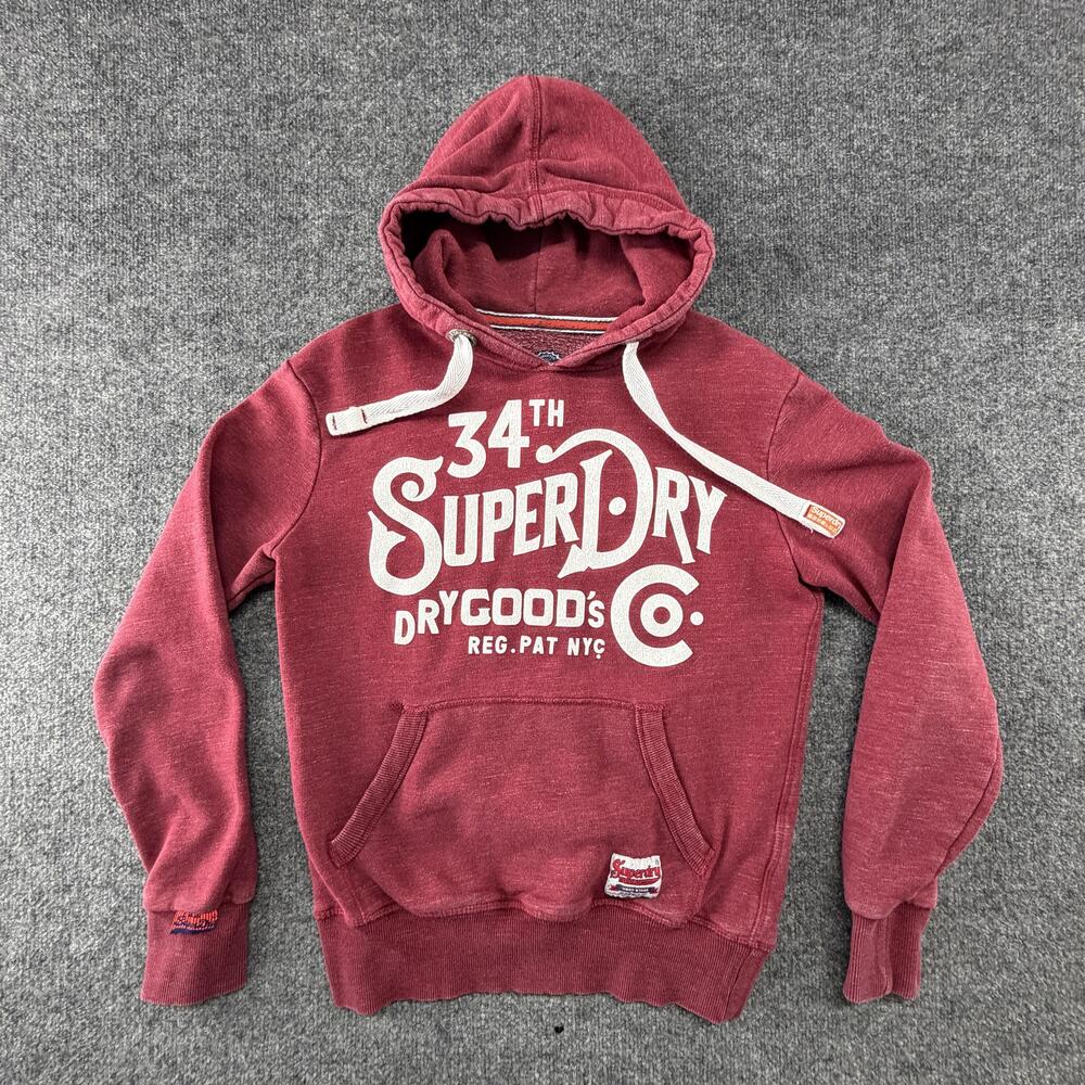 Superdry Hoodie Mens Small Red Pullover Fleece Sweatshirt Graphic 34th Dry Goods